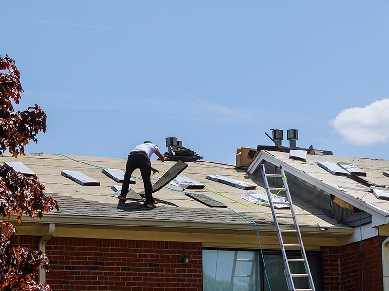 Roofer on top of residential roof laying shingles.