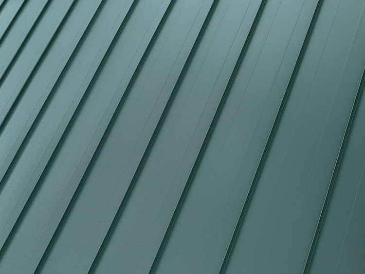 Closeup of green metal roofing.