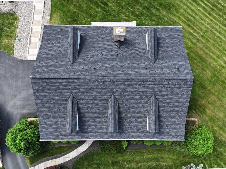 Arial view of newly installed shingle roof.