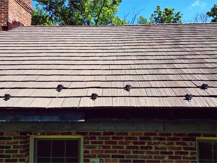 Closeup of new synthetic slate roof.