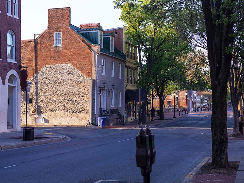 An empty street in Frederick, MD's historic district.