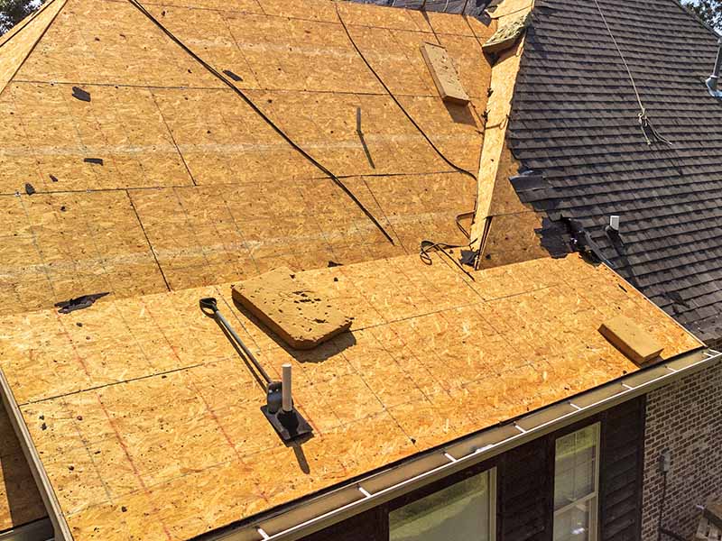 Residential roof replacement in progress.