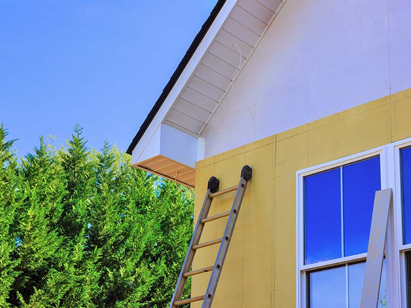 Yellow and white house with a ladder leaning against it.